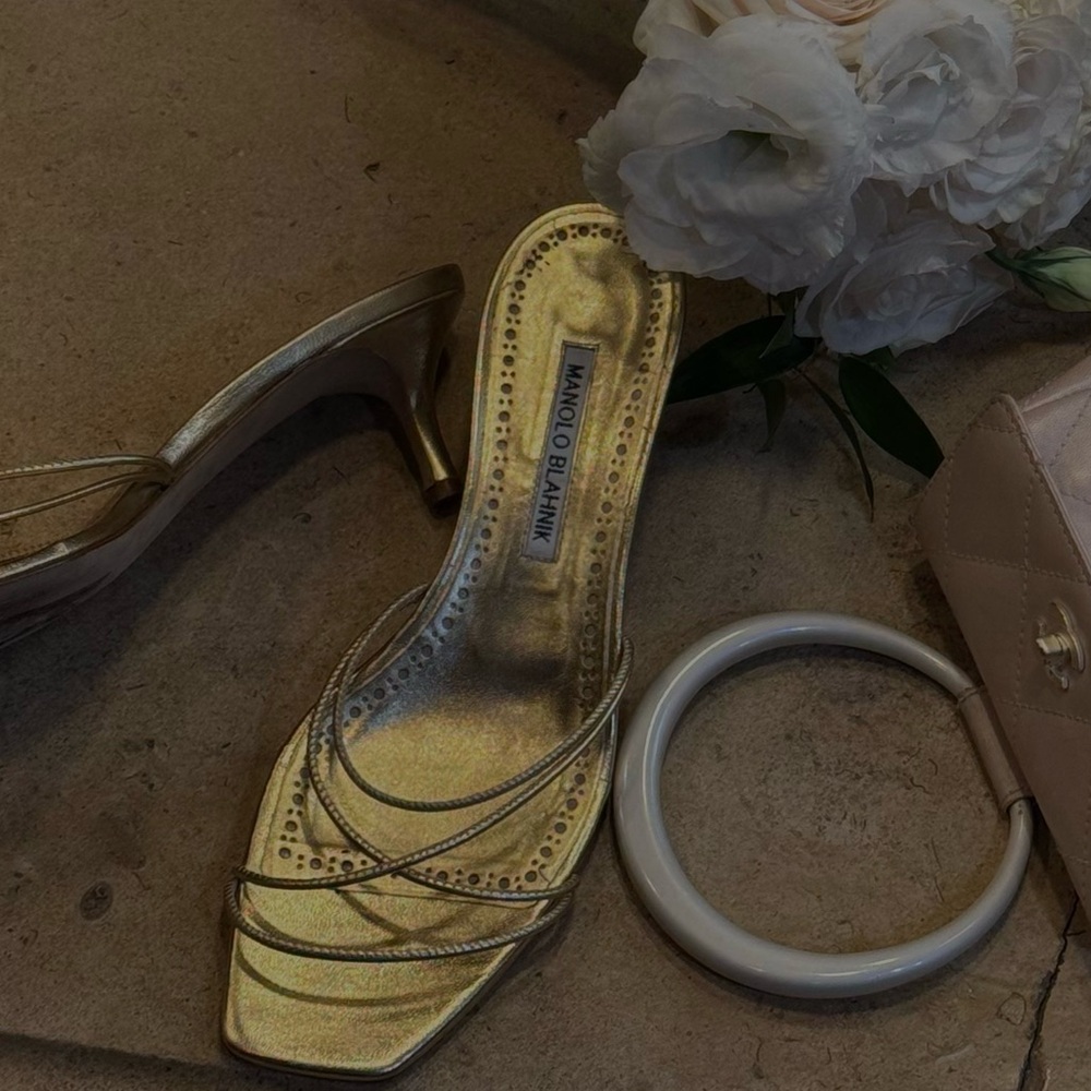 Manolo Blahnik Metallic Gold Strappy Kitten Heel Sandals - Picture 7 of 12